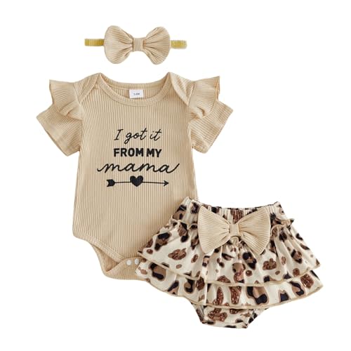 fhutpw Newborn Baby Girl Clothes Ribbed Sleeve Romper Top Leopard Ruffle Shorts Bow Headband Infant Summer Outfits 0-18M