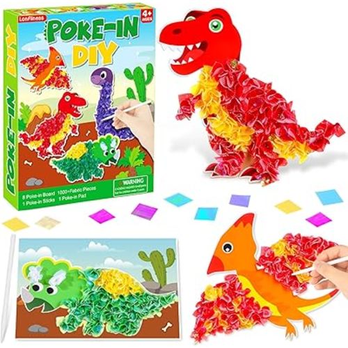 8PCS Poke-in Craft and Art Kit for Kids Dinosaur Theme No-Mess Fabric Sewing Art for Girls Boys 4-12 Fabric Puzzle Puncture Painting Dino Toy Gifts for Creative Activity Game Birthday Party