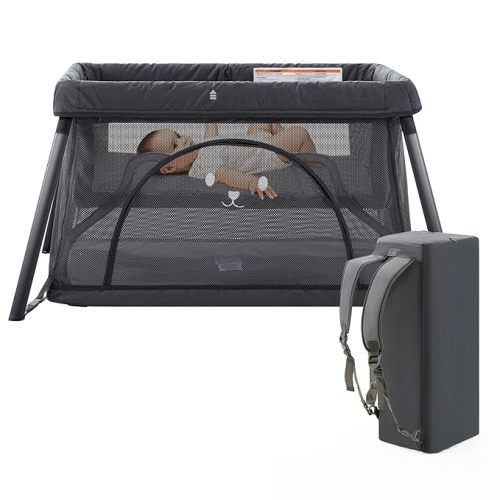 Travel Crib, Portable Crib for Baby, Pack and Play for Babies and Toddler, Lightweight Backpack Design,Foldable Travel Baby Playpen with Mattress(Dark Grey)