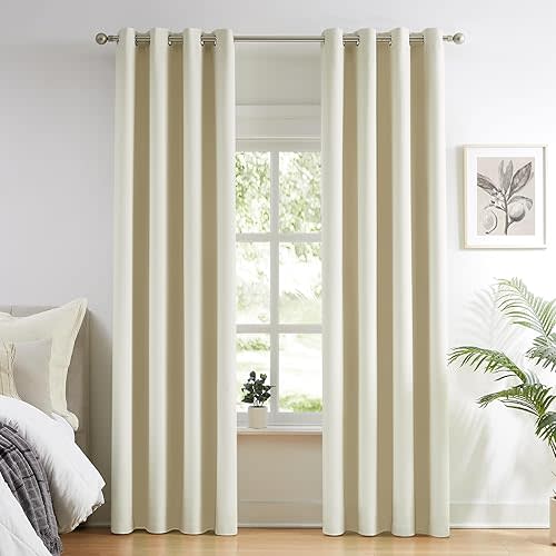 Melodieux Blackout Curtains for Bedroom Cotton Cream Curtains 84 inch Length 2 Panels Set Grommet Window Curtains for Living Room Thermal Insulated Privacy Room Darkening (Beige, 52 x 84 in)