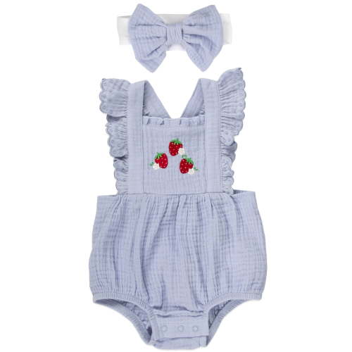 Baby Essentials 9 Months Infant Girls Romper with Matching Headband 100% Cotton Spring Summer Outfit in Blue Strawberry