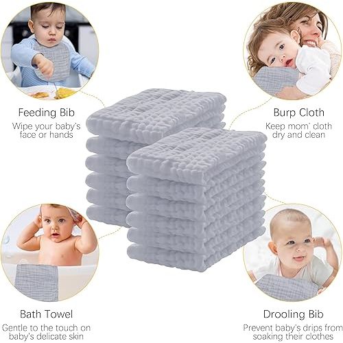 12 Pack Muslin Burp Cloths 100% Cotton Muslin Cloths Large 20''x10'' Extra Soft and Absorbent Baby Burping Cloth - Slate