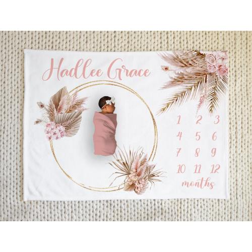 Boho Milestone Blanket Girl - Month Blanket-Personalized Baby Girl Blanket Pampas Leaves- Custom Baby Shower Gift -Boho Newborn Gift M307