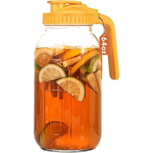 Glass Pitcher with Lid, 64 OZ Mason Jar Pitcher Double Leak Proof, 2 Quart Breast Milk Storage Containers for Fridge, Wide Mouth Glass Jar for Sun Tea, Juice, Cold Brew Coffee