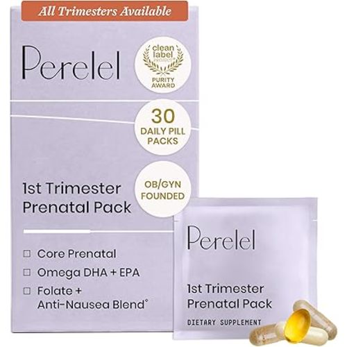 Perelel 1st Trimester Prenatal Pack, Multivitamin with Folate, Vitamin D, Omega 3, Iron & Ginger, Nutritional Support for Early Pregnancy, Soy & Gluten Free, Non GMO, 30 Daily Pill Packs