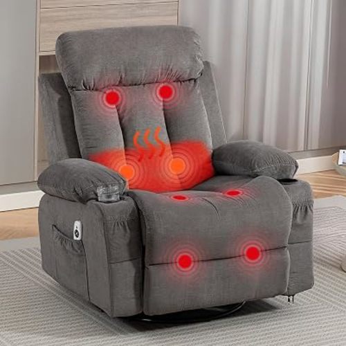 Rocker Recliner, Glider Recliner Chairs for Adults, 360° Swivel Recliner Chair w/Massage and Heating, Nursery Chair with Rocking Function, Side Pocket, Cup Holders for Living Room, Bedroom, Grey