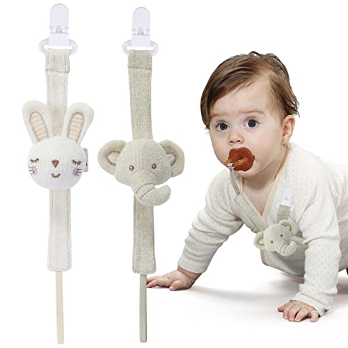 COTTONBEBE Pacifier Clip, 2 Pack Baby Pacifier Holder for Boys and Girls Fits Many Pacifiers & Baby Teething Toys, Ideal Baby Gift (Elephant&Rabbit)