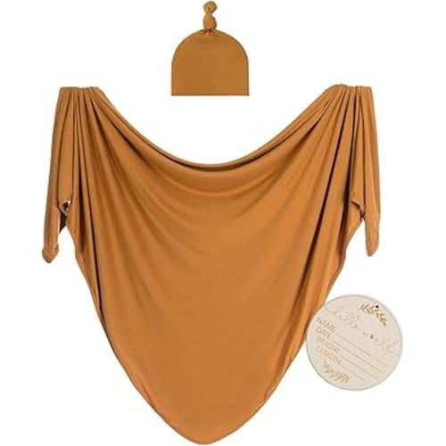 Large Jersey Knitted Swaddle Blanket for Baby, Soft Stretchy Receiving Blanket for Newborns with Hat, Baby Nursery Swaddle 47 x 47 inches(Copper)