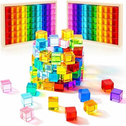 Meooeck 60 Pcs Colored Cube Gem Blocks with Wooden Storage Box, Translucent Rainbow Acrylic Building Stacking Sensory Train Prism Toys for Toddler Kids Montessori School Classroom Supplies