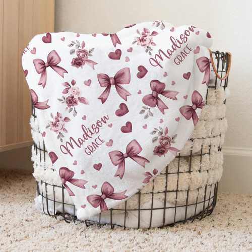Custom Bow Nursery Baby Name Blanket, Personalized Pink Flowers Swaddle Baby Shower Gift, Bow New Mom Hospital Blanket, Newborn Gift
