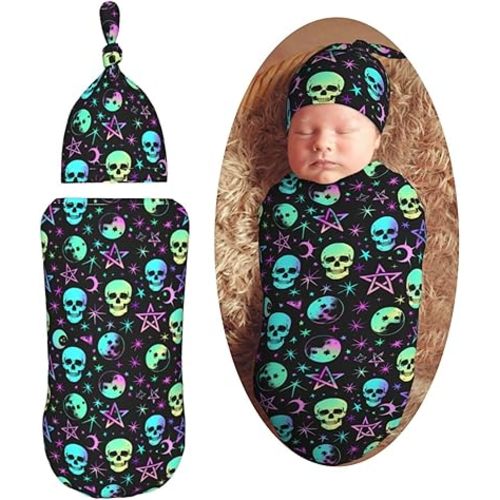 Goth Skull and Moon Newborn Swaddle Blankets Hat Sets Soft Baby Receiving Blanket Swaddle Sack for Baby Shower Infant Boy Girl Gift