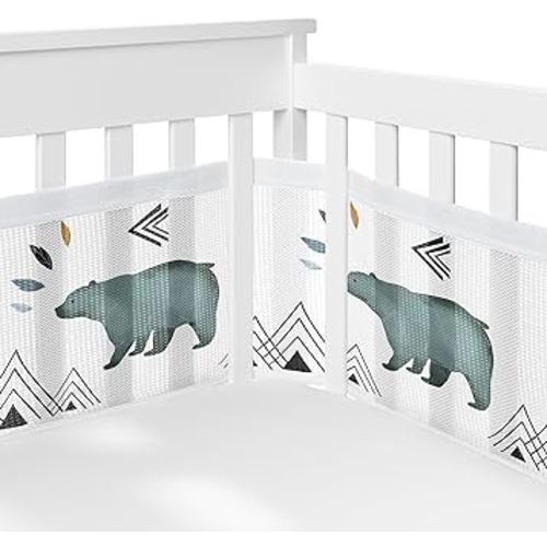 Sweet Jojo Designs + BreathableBaby Bear Mountain Boy Breathable Mesh Crib Liner Baby and Infant - Slate Blue Black and White Woodland Forest Mountains Arrows
