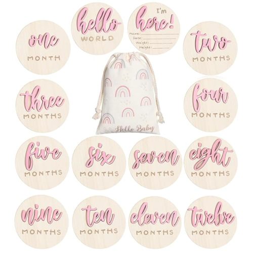 7 Pack 3D Baby Monthly Milestone Card Signs Baby Announcement Sign Double Sided Hello World Newborn Signs Wooden Circles Discs for Welcome Newborn Boy Girl Photo Props(Pink,Letter)