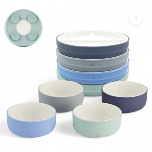 Kids Porcelain Mealtime Bundle | Suction Sleeves | 6.7" Plates + Bowls | 8 Pcs | Sage/Misty Blue/Navy/Gray