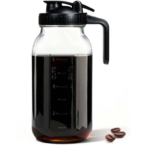 TINANA 64oz Wide Mouth Mason Jar Pitcher with Handle & Flip Lid, Heavy Duty Glass Cold Brew Coffee Maker, Airtight Leak-Proof Pitcher for Iced Tea, Juice, Lemonade