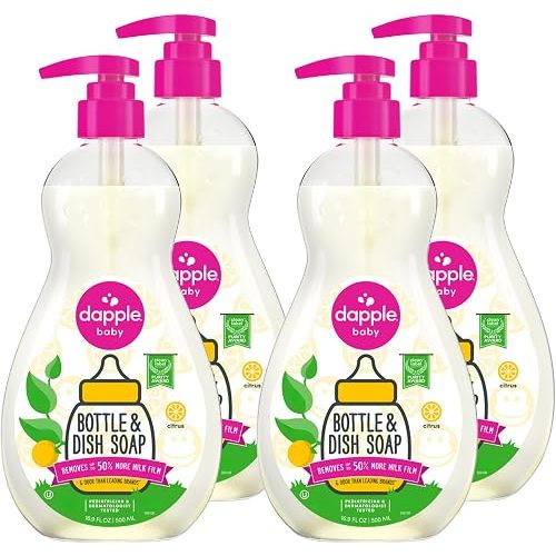 Dapple Baby Fresh Citrus Bottle & Dish Soap - (4 Pack) 16.9 fl oz - Cleans Baby Bottles, Sippy Cups, Pacifiers, Breast Pumps, & More - Gently Removes Milk Film & Odors - Includes 1 Pump