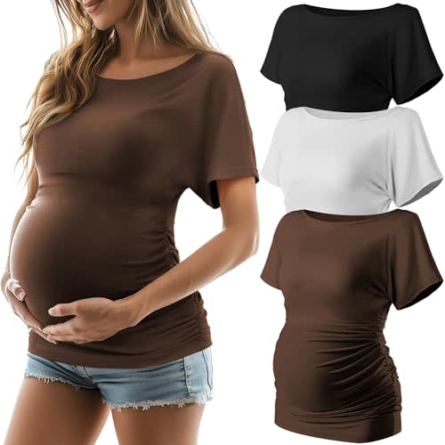 Ficerd 3 Pack Women's Maternity Shirts, Boat Neck Short Sleeve Pregnancy T Shirts Side Ruched Tunic Casual Summer Tee Tops