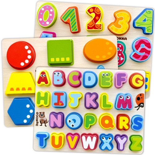 3 Set Chunky Wooden Puzzles for Toddlers | Alphabet, Numbers & Geometric Forms