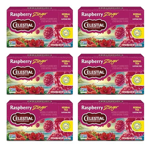 Celestial Seasonings Raspberry Zinger Herbal Tea, Caffeine Free, 20 Tea Bags Box, (Pack of 6)