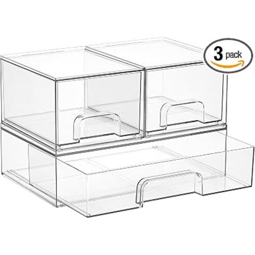 Vtopmart Stackable Storage Drawers Set of 3,Clear Plastic Organizer Bins for Makeup, Cosmetics, Beauty Supplies,Ideal for Vanity, Bathroom,Cabinet,Pantry Organization