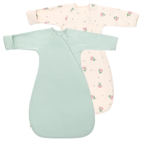 Newborns Baby Transitional Swaddle Sack Arms Up Length Sleeves Mitten Cuffs 2 Pack 0-3 Months, Wearable Sleeping Bag Swaddling Blanket for Boys Girls, Cotton Sleep Sacks Snug Fit Calms Startle Reflex