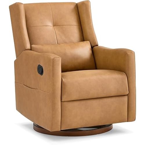 Upholstered Recliner Swivel Glider Nursery Chair Reclining Performance Fabric Rocker with Wood Base,Boucle,Moss Green