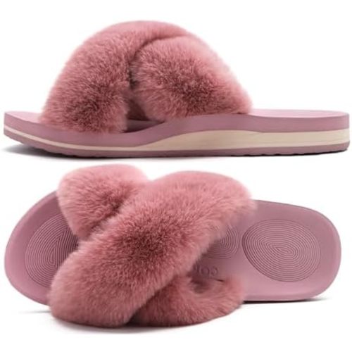 COFACE Womens Fuzzy Slides Fluff Faux Fur Cross Slippers Open Toe Yoga Mat House Slipper Sandals With Arch Support For Indoor/Outdoor