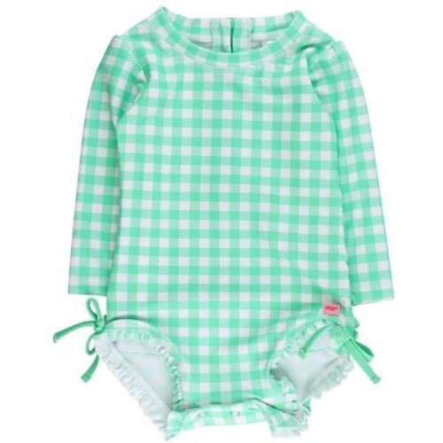 RuffleButts Baby Girls UPF50+ Sun Protected Gingham Long Sleeve One Piece Rash Guard - Spring Green Gingham, 0-3m