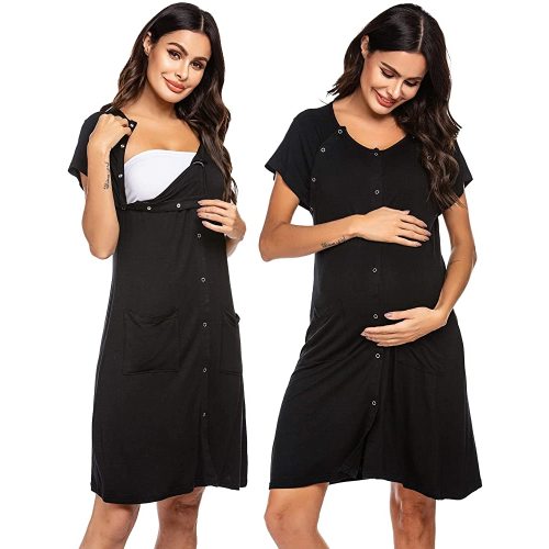 Ekouaer 3 in 1 Nursing Dress Maternity Nightgown Labor/Delivery Breastfeeding Birthing Gown with Button