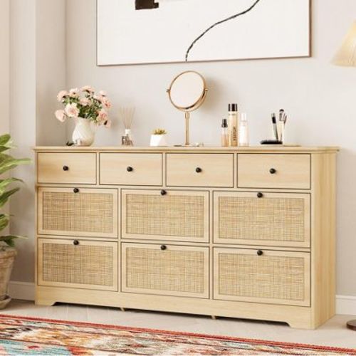 Brafab 10 Drawer Rattan Dresser for Bedrroom, 59" Wide Natural Wood Dressers, Long Boho Chest of Drawers, Mid-Century Light Oak Dresser TV Stand