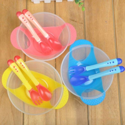 Baby Food Set Sucker Bowl Spoon Temperature Sensing Baby Tableware Learning Dishes Help Food Bowl Children Feeding Bowl