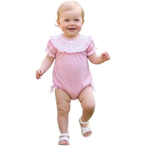 Baby Girl Summer Romper Plaid Ruffle Trim Daddys/Mamas Girl Letter Embroidered Striped Short Sleeve Bodysuit