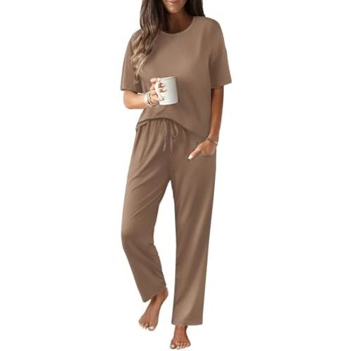 JiniGolla Women's Pajamas Sets Soft Short Sleeve Top and Long Pants 2 Piece Loungwear with Pocket