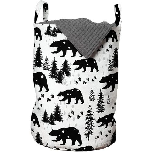 Lunarable Hipster Antler Laundry Bag, Greyscale Style Repetitive Pattern of Bear Footprints and Trees, Hamper Basket with Handles Drawstring Closure for Laundromats, 13" x 19", Black Pale Grey White