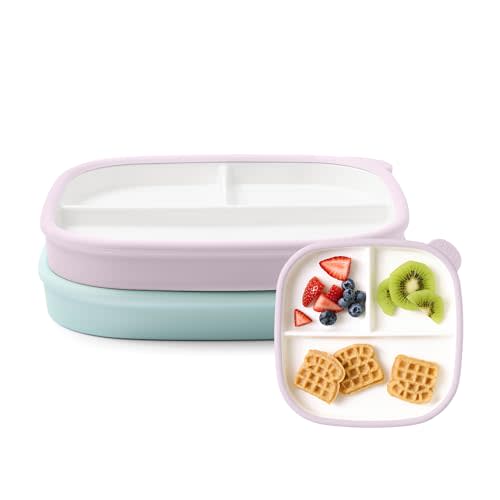Ello Clean Start Toddler Breakfast Plate 2 Pack | BPA-Free Ceramic Plates with Divider & Silicone Sleeve for Babies/Toddlers| Microwave & Dishwasher Safe | High Chair Friendly | Dewdrop/Sugarplum