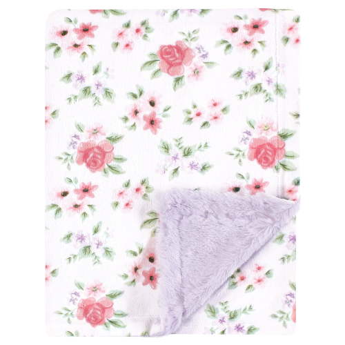 Hudson Baby Infant Girl Plush Blanket with Furry Binding and Back, Vintage Floral, One Size
