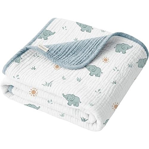 Konssy Muslin Baby Blankets for Girls Boys, 100% Cotton Crib Blanket for Baby Infant Toddler, Super Soft and Lightweight Nursery Blankets 40"x36" (Elephant)