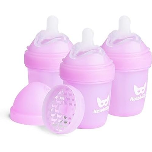 Herobility Anti-Colic Baby Bottles 5 fl oz /140 ml – Pack of 3 Newborn Baby Bottles, Slow Flow Plastic Bottles, Breast-Shaped Teat for Breastfed Babies, Small Baby Bottles, Swedish Design, Purple