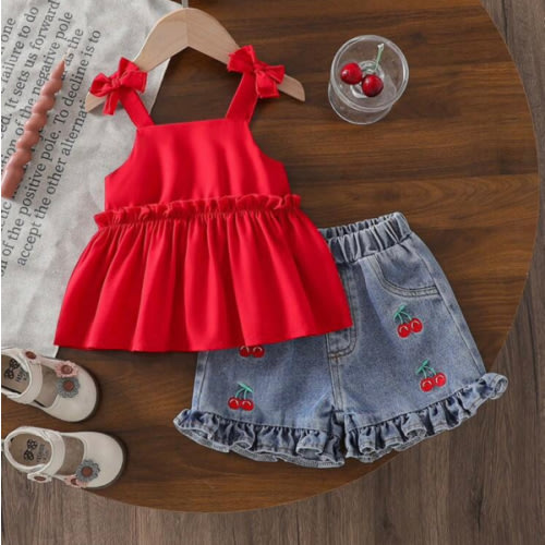 SHEIN Baby Girls Summer 2 Pieces Outfit, Red Suspender Top And Cherry Embroidered Denim Shorts, Suitable For Outings, Casual Home Wear, Light Sports, And Fun Party | SHEIN USA