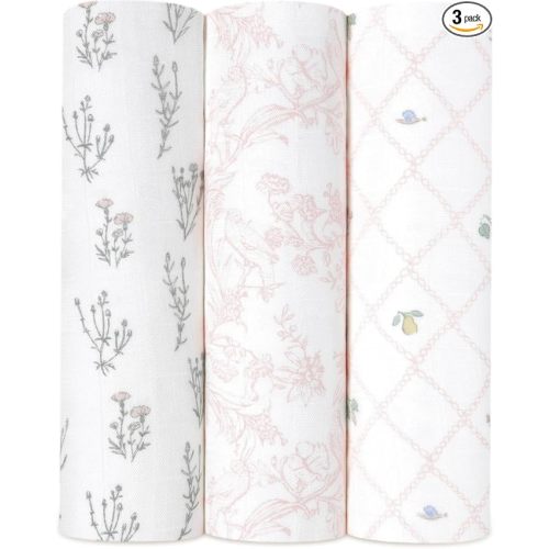 aden + anais Silky Soft Swaddle Blanket, Boutique Muslin Blankets for Girls & Boys, Baby Receiving Swaddles, Ideal Newborn & Infant Swaddling Set, Perfect Shower Gifts, 3 Pack, French Floral