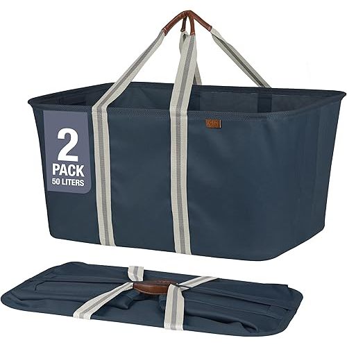 CleverMade Collapsible Laundry Tote - LUXE Navy Noir Cream 2Pack 50L - Foldable Storage Organization Container Clothes Laundry Room Storage Solution