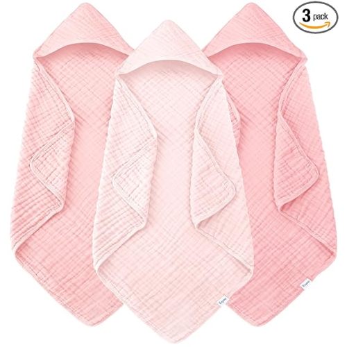 Muslin Hooded Baby Bath Towels - 3 Pack 100% Cotton Ultra-Soft Towels for Newborns, Infants, Toddlers - 32x32 Inch - Highly Absorbent, Quick-Dry Essentials for Bath Time, Beach, Pool, Pink Series