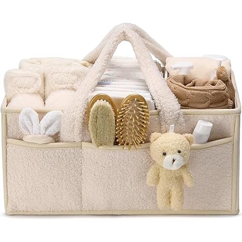 Baby Diaper Caddy Organizer, Portable Nursery Nappy Storage Basket for Diapers, Wipes and Baby Essentials (Ivory White)
