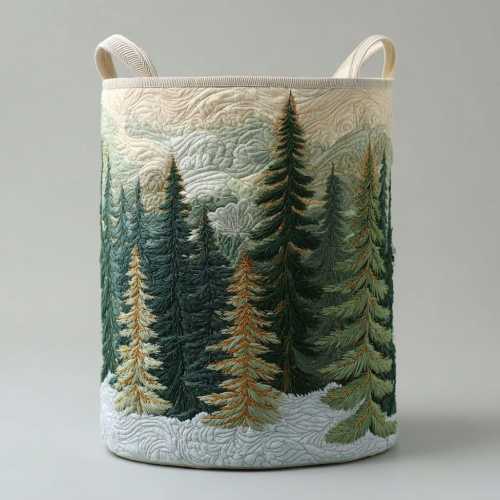 Mountain Pine Forest Landscape Quilted Laundry Basket, Storage Bin Laundry Basket Fabric, Storage Hamper, Best Housewarming Gifts