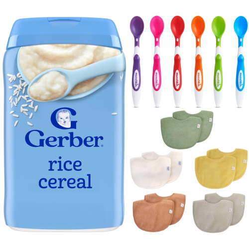Gerber Baby Rice Cereal Feeding Essentials Bundle with Soft Tip Spoons and Infant Bibs