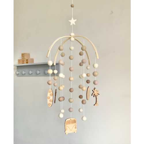 Surf Theme Baby Mobile: Felt Balls, Wooden Surfboards & Camper Van