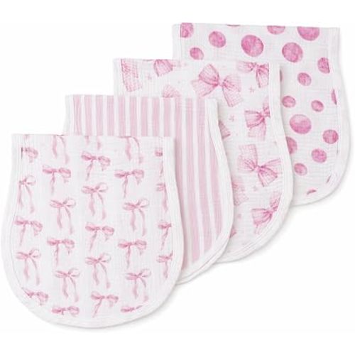4 Pcs Pink Bow Burp Cloths Baby Girls, 22" x 10.6" Cotton Spit Up Rags