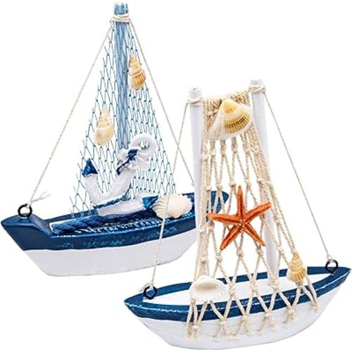 2 PCS Mini Sailboat Decor, Wooden Miniature Sailing Boat Model, Nautical Theme Decoration for Bathroom, Baby Shower, Party, Kids Nursery