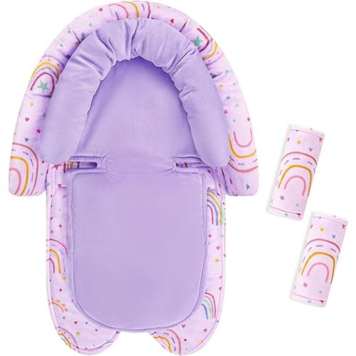 Infant Car Seat Insert with 2 Strap Pads, Carseat Cushion Baby Boy & Girl, Soft and Comfortable Carseat Head Support for Newborn, Purple Rainbow