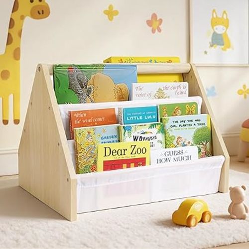 Kids Bookshelf, 19" Nursery Book Shelves for Toddler Rooms, with Deep Fabric Pockets, Montessori Book Shelf for Baby Room, Reading Corner or Playroom Decor